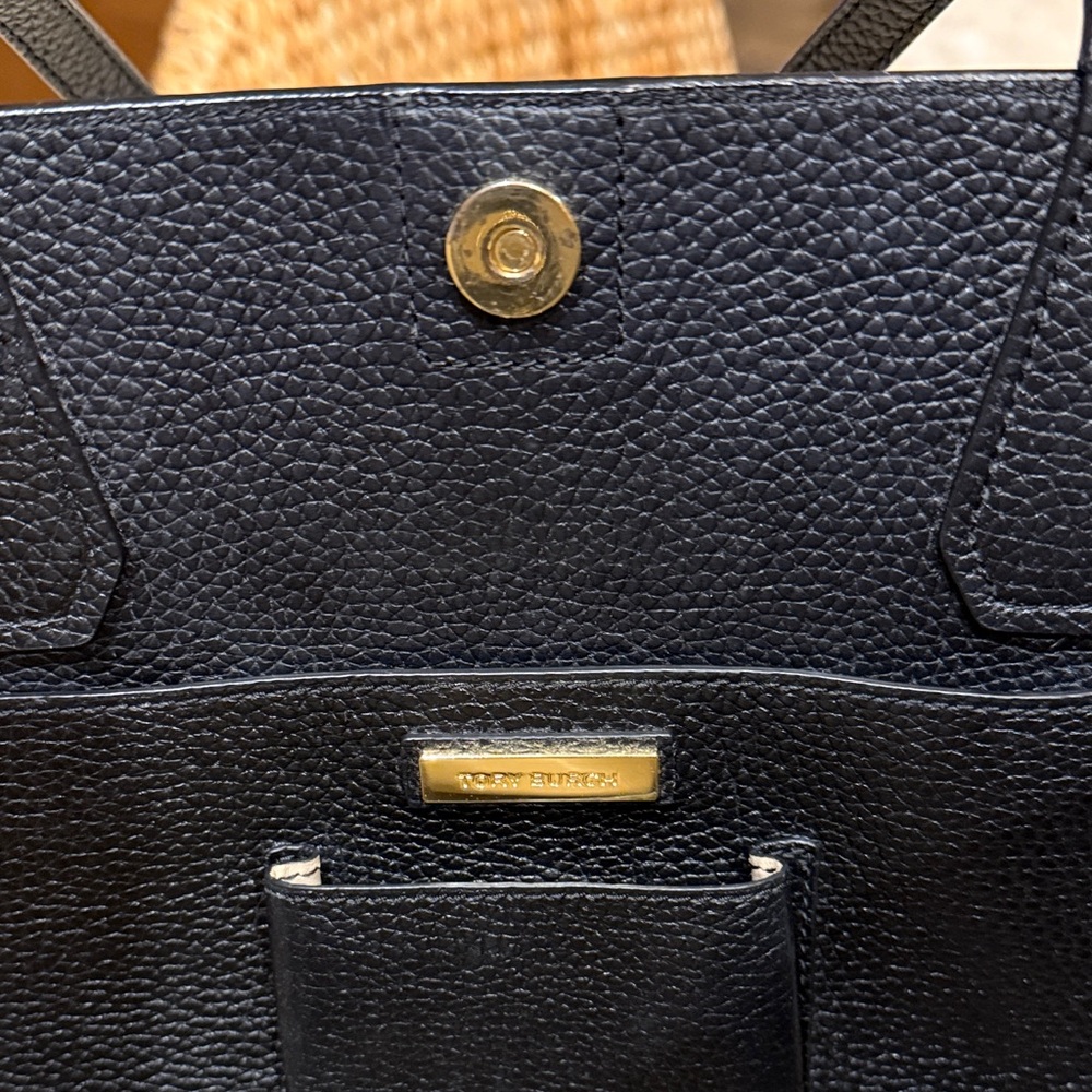 Tory Burch Black Leather Tote with cream (very clean) EUC with TB storage bag - Picture 2 of 5